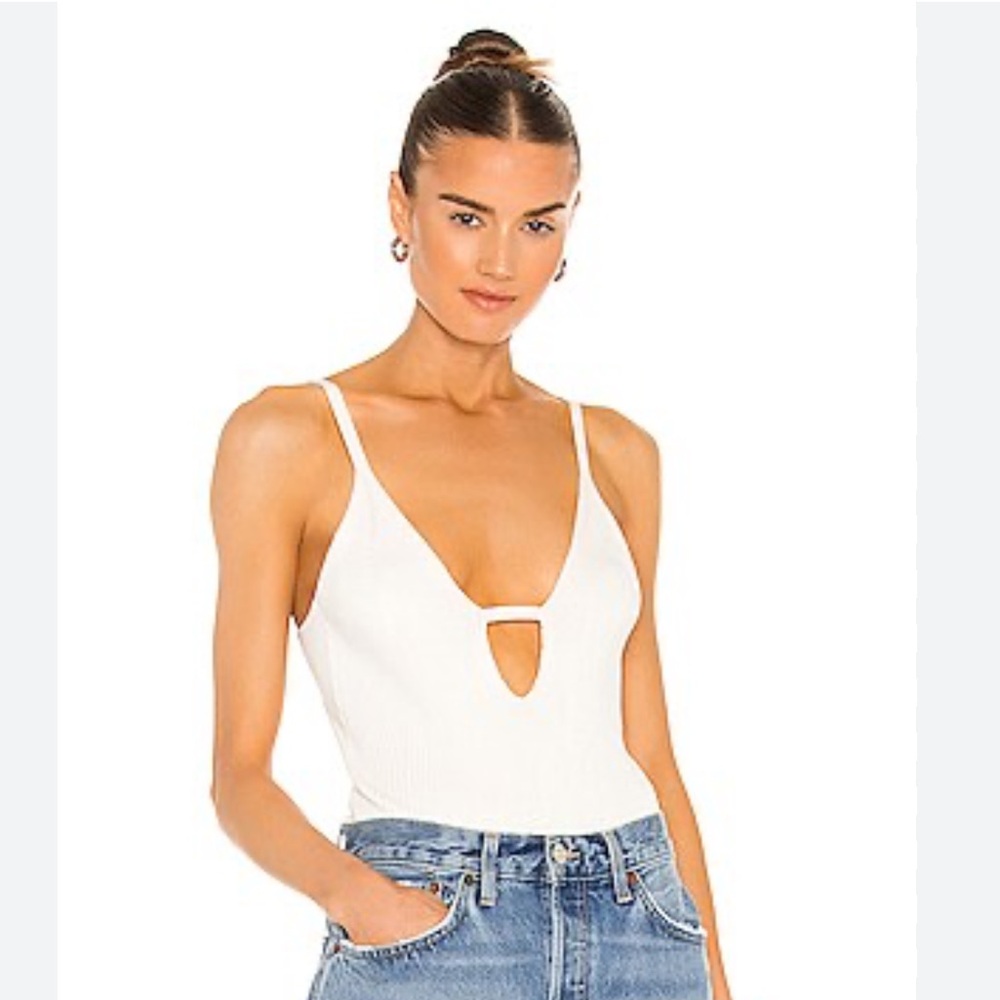 Michael Costello White Deep V Cutout Ribbed Bodysuit